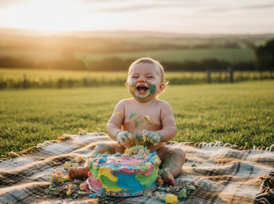 A joyous baby, covered in cake, laughing amidst a beautiful outdoor setting in Gruyere, Victoria, epitomizing the fun of Gruyere Victoria outdoor cake smash photography, with soft golden hour light.