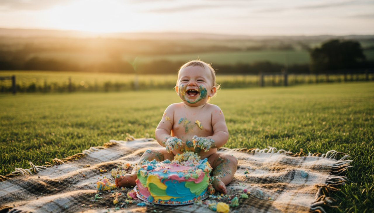 A joyous baby, covered in cake, laughing amidst a beautiful outdoor setting in Gruyere, Victoria, epitomizing the fun of Gruyere Victoria outdoor cake smash photography, with soft golden hour light.
