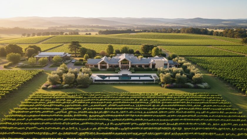 An expansive aerial view capturing a stunning luxury home nestled amongst rolling vineyards and lush green hills, illuminated by golden hour light in Gruyere, Victoria, showcasing the Yarra Valley lifestyle, perfect for real estate photography.