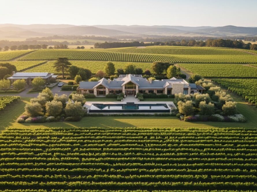 An expansive aerial view capturing a stunning luxury home nestled amongst rolling vineyards and lush green hills, illuminated by golden hour light in Gruyere, Victoria, showcasing the Yarra Valley lifestyle, perfect for real estate photography.