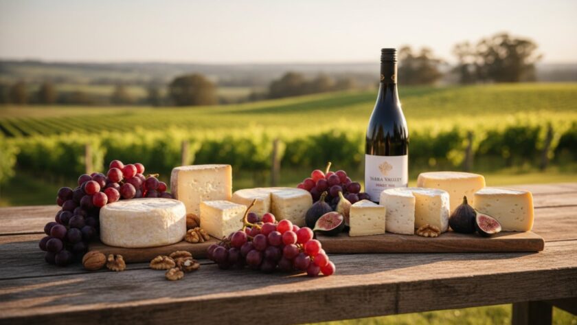An 'epic moment' shot capturing the vibrant colours and textures of fresh, local produce from Gruyere, Victoria, artfully arranged on a rustic wooden table, with soft natural light highlighting its freshness, perfect for Gruyere Victoria regional produce photography.