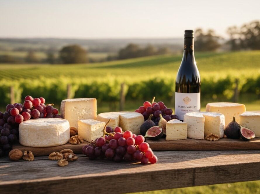 An 'epic moment' shot capturing the vibrant colours and textures of fresh, local produce from Gruyere, Victoria, artfully arranged on a rustic wooden table, with soft natural light highlighting its freshness, perfect for Gruyere Victoria regional produce photography.