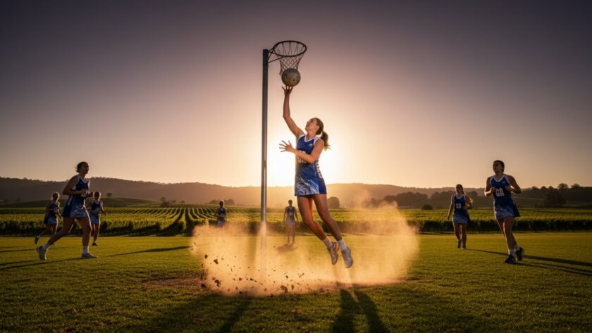 A powerful, dynamic shot capturing a pivotal, high-energy moment during a local outdoor sporting event in Gruyere, Victoria. This Gruyere Victoria Sports Photography Epic Moment showcases an athlete in peak performance, bathed in golden hour light, with rolling hills of the Yarra Valley in the background, conveying triumph and raw emotion.