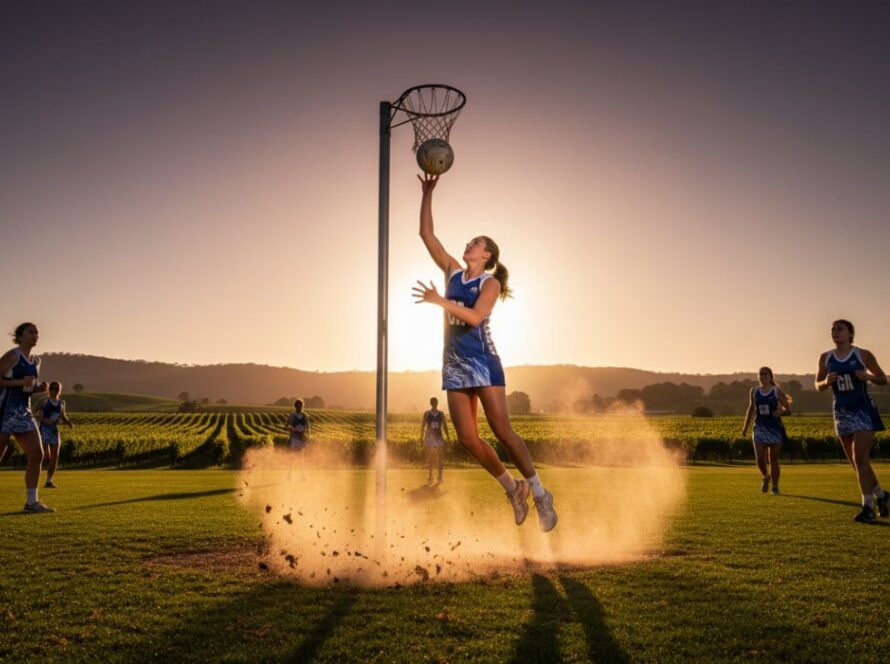 A powerful, dynamic shot capturing a pivotal, high-energy moment during a local outdoor sporting event in Gruyere, Victoria. This Gruyere Victoria Sports Photography Epic Moment showcases an athlete in peak performance, bathed in golden hour light, with rolling hills of the Yarra Valley in the background, conveying triumph and raw emotion.