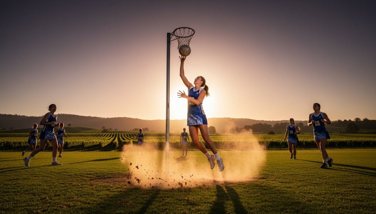 A powerful, dynamic shot capturing a pivotal, high-energy moment during a local outdoor sporting event in Gruyere, Victoria. This Gruyere Victoria Sports Photography Epic Moment showcases an athlete in peak performance, bathed in golden hour light, with rolling hills of the Yarra Valley in the background, conveying triumph and raw emotion.