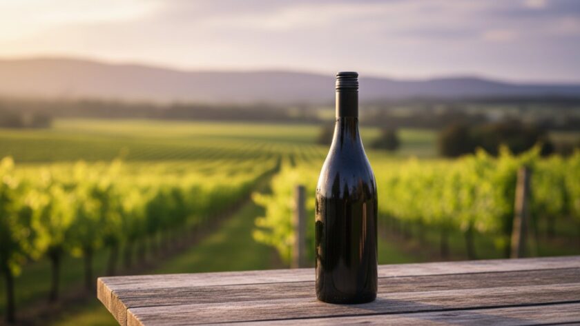 An epic moment of Gruyere vineyard product advertising photography, featuring a high-end bottle of wine perfectly lit at golden hour, capturing the rich colours of the Yarra Valley landscape in the background, conveying luxury and authenticity.