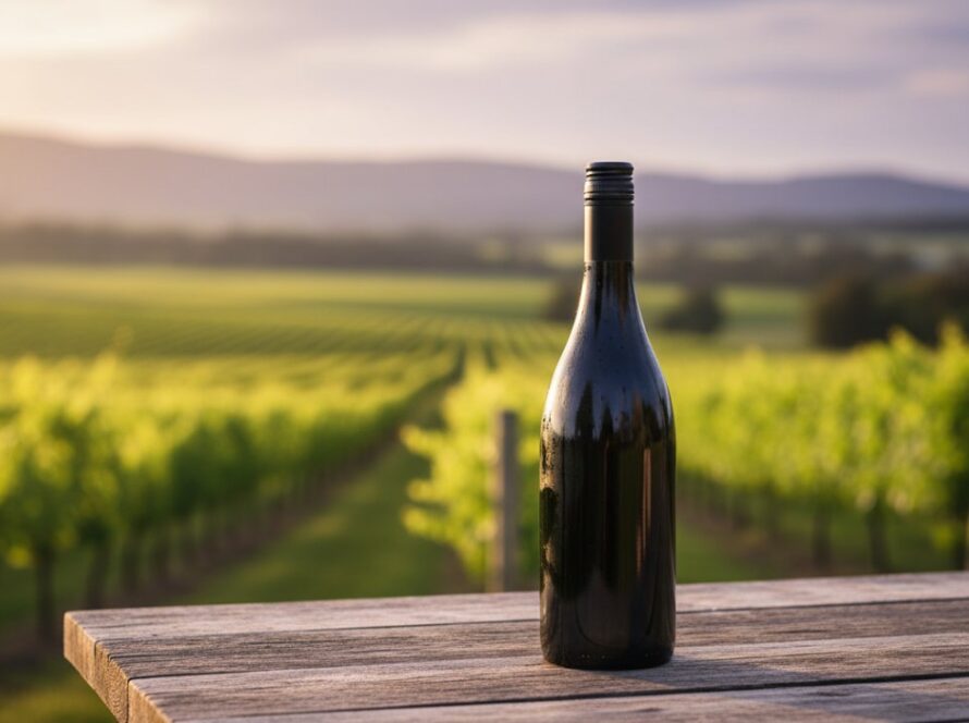An epic moment of Gruyere vineyard product advertising photography, featuring a high-end bottle of wine perfectly lit at golden hour, capturing the rich colours of the Yarra Valley landscape in the background, conveying luxury and authenticity.