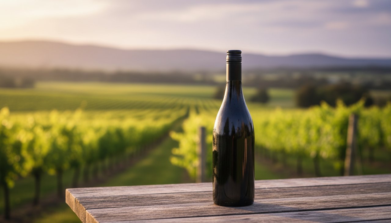 An epic moment of Gruyere vineyard product advertising photography, featuring a high-end bottle of wine perfectly lit at golden hour, capturing the rich colours of the Yarra Valley landscape in the background, conveying luxury and authenticity.