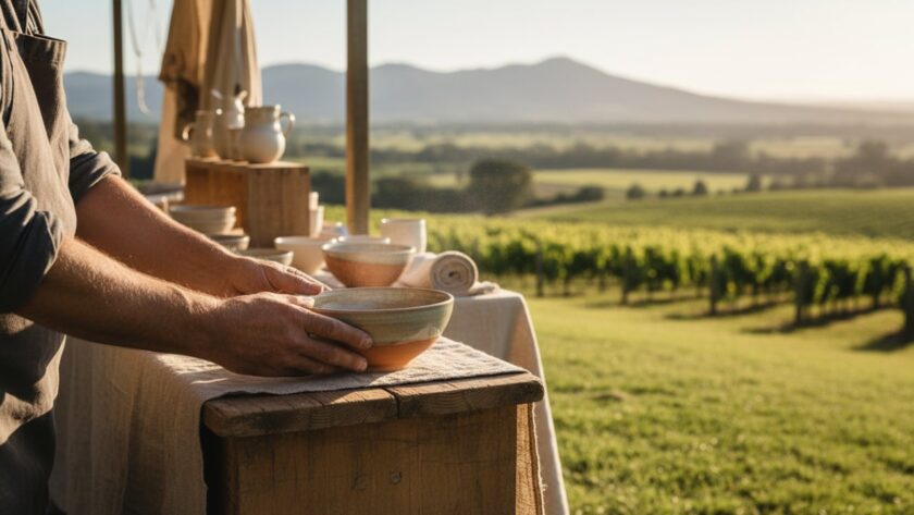 Captivating wide-angle shot of a handcrafted ceramic vase from a Healesville artisan, beautifully lit by golden hour light on a rustic timber table, with the rolling green hills of the Yarra Valley in the soft background, showcasing exquisite Healesville artisan product photography detail.