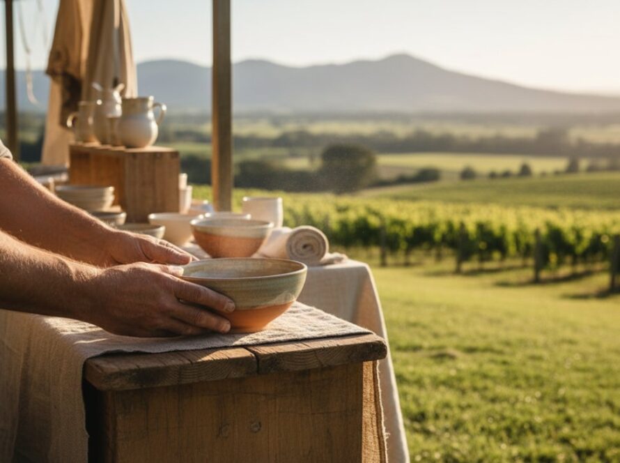 Captivating wide-angle shot of a handcrafted ceramic vase from a Healesville artisan, beautifully lit by golden hour light on a rustic timber table, with the rolling green hills of the Yarra Valley in the soft background, showcasing exquisite Healesville artisan product photography detail.