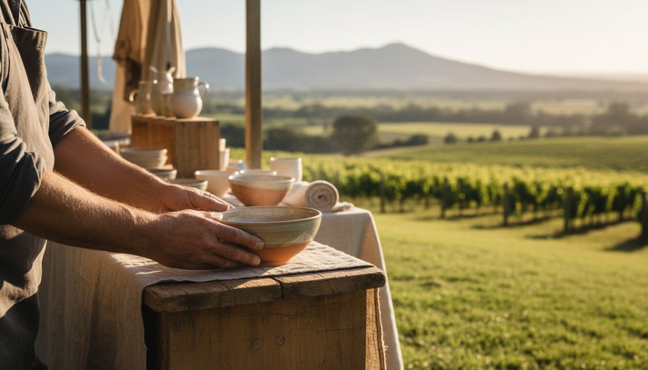 Captivating wide-angle shot of a handcrafted ceramic vase from a Healesville artisan, beautifully lit by golden hour light on a rustic timber table, with the rolling green hills of the Yarra Valley in the soft background, showcasing exquisite Healesville artisan product photography detail.