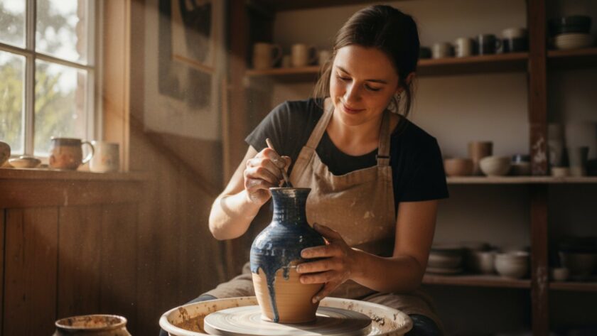 A Healesville bespoke branding photography services session capturing a local artisan proudly showcasing their handcrafted ceramics bathed in soft, natural light, reflecting their passion and brand story against a rustic Healesville backdrop.