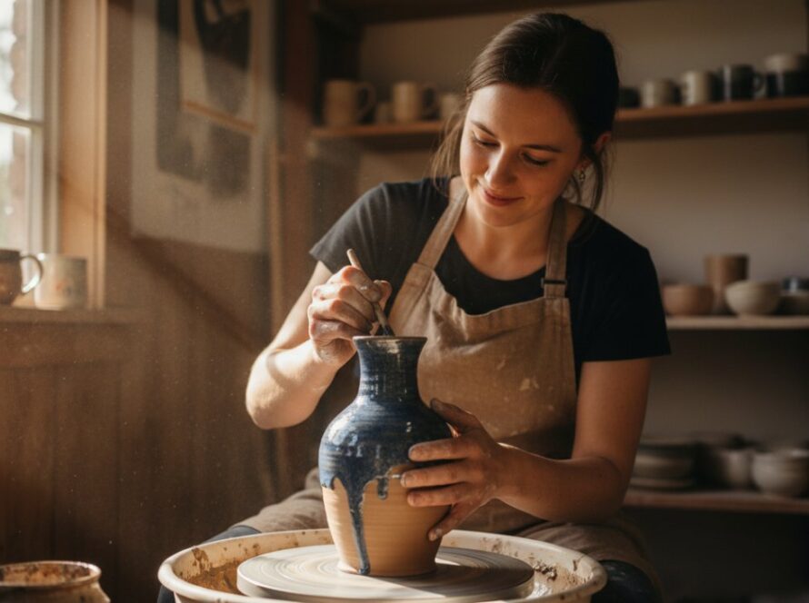 A Healesville bespoke branding photography services session capturing a local artisan proudly showcasing their handcrafted ceramics bathed in soft, natural light, reflecting their passion and brand story against a rustic Healesville backdrop.