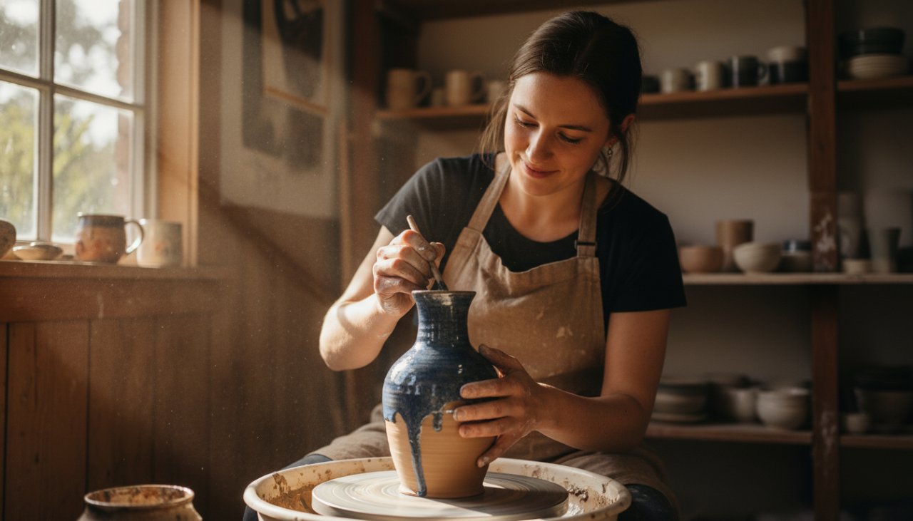 A Healesville bespoke branding photography services session capturing a local artisan proudly showcasing their handcrafted ceramics bathed in soft, natural light, reflecting their passion and brand story against a rustic Healesville backdrop.