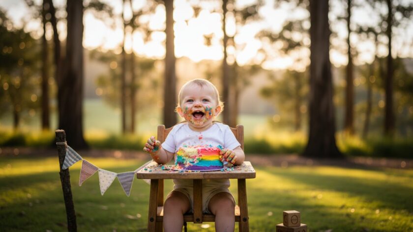 A joyful baby, covered in frosting from a Healesville cake smash photography unforgettable first birthday session, laughing amidst a whimsical outdoor setup with golden light in the Yarra Valley.
