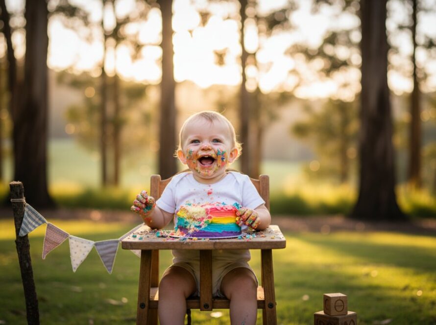 A joyful baby, covered in frosting from a Healesville cake smash photography unforgettable first birthday session, laughing amidst a whimsical outdoor setup with golden light in the Yarra Valley.