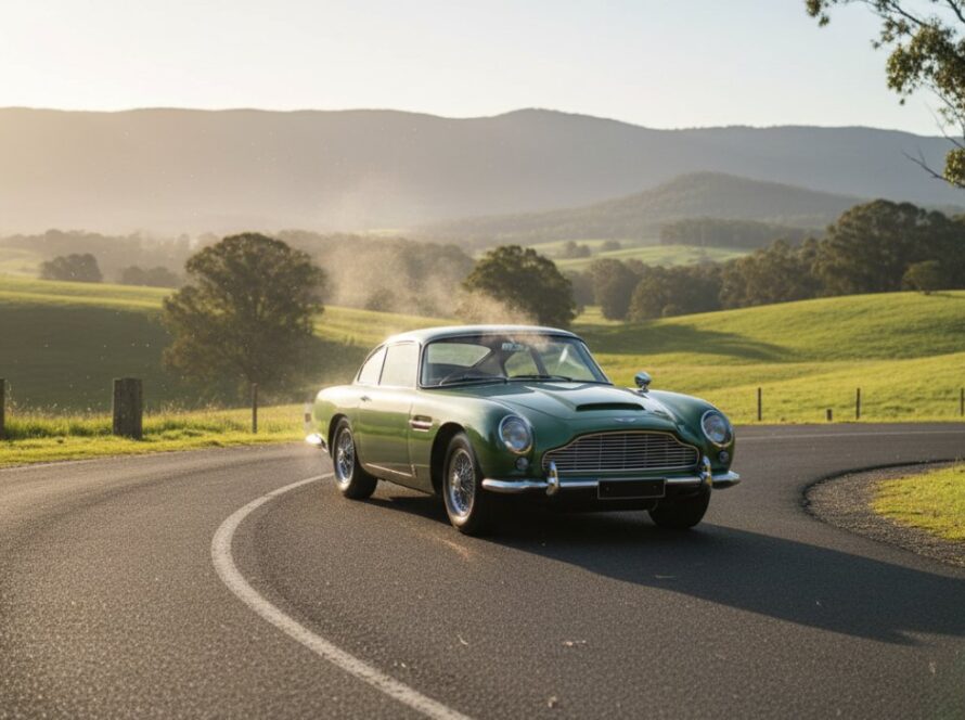 An epic moment captured: A pristine red vintage sports car, gleaming under the golden hour sun, parked beside a winding Healesville classic car photography Yarra Valley roads with misty mountains in the distance, evoking a sense of timeless adventure and freedom.