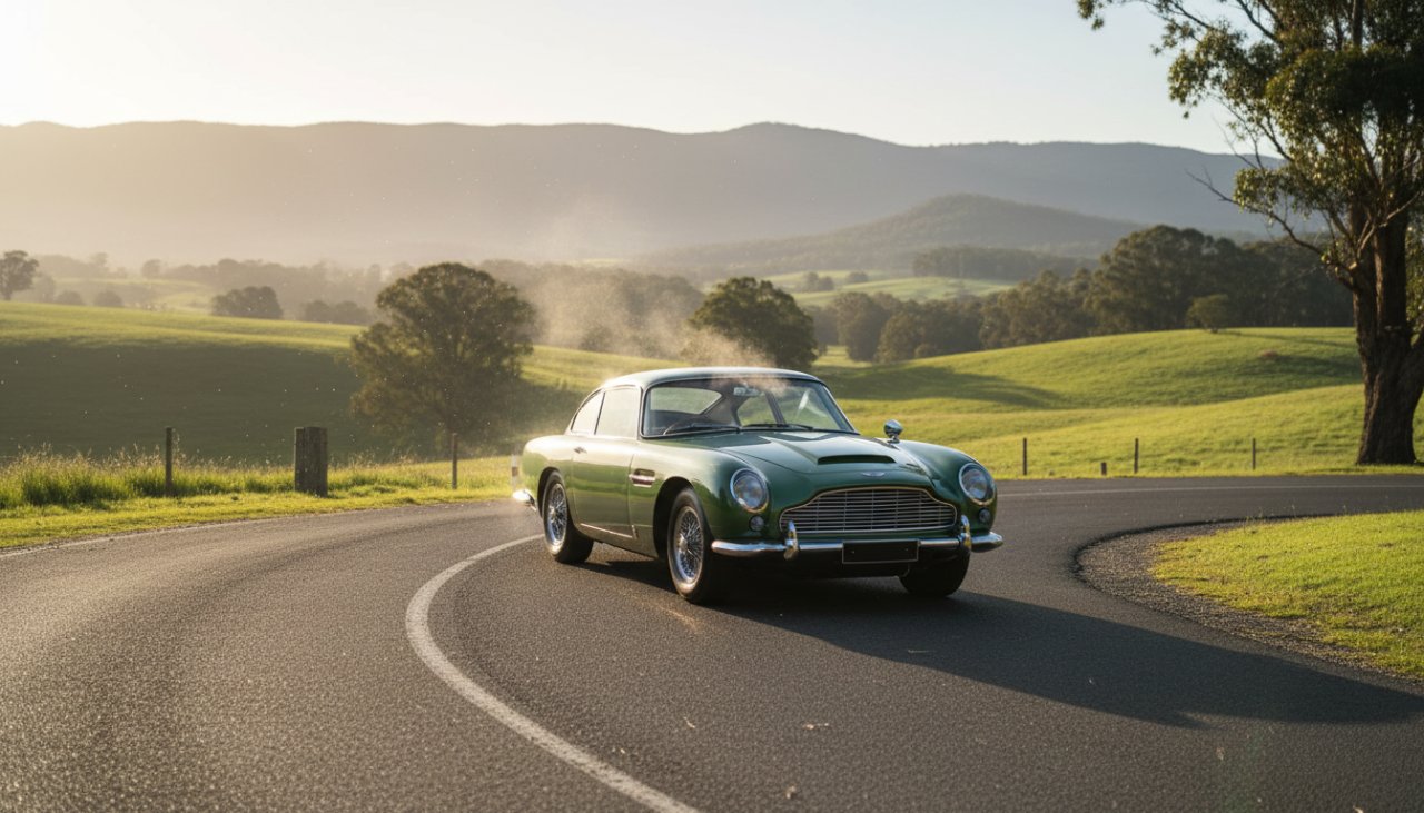 An epic moment captured: A pristine red vintage sports car, gleaming under the golden hour sun, parked beside a winding Healesville classic car photography Yarra Valley roads with misty mountains in the distance, evoking a sense of timeless adventure and freedom.