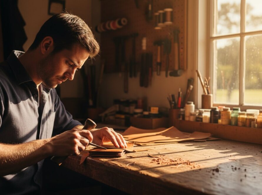 An epic moment captured through Healesville commercial photography for local businesses Victoria, showing a skilled artisan crafting goods in a rustic workshop, natural light streaming through a window, highlighting their dedication and the quality of their work.