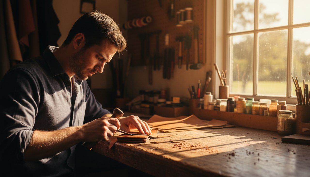 An epic moment captured through Healesville commercial photography for local businesses Victoria, showing a skilled artisan crafting goods in a rustic workshop, natural light streaming through a window, highlighting their dedication and the quality of their work.