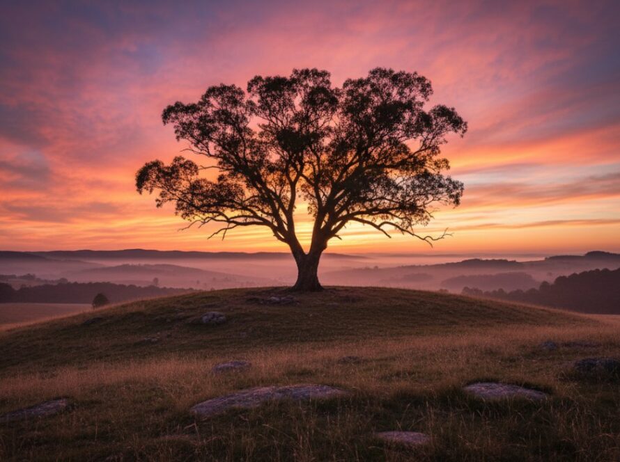 An epic moment capture of a majestic ancient gum tree silhouetted against a dramatic sunset sky over the rolling hills of Healesville, showcasing exquisite Healesville fine art nature photography Yarra Valley.