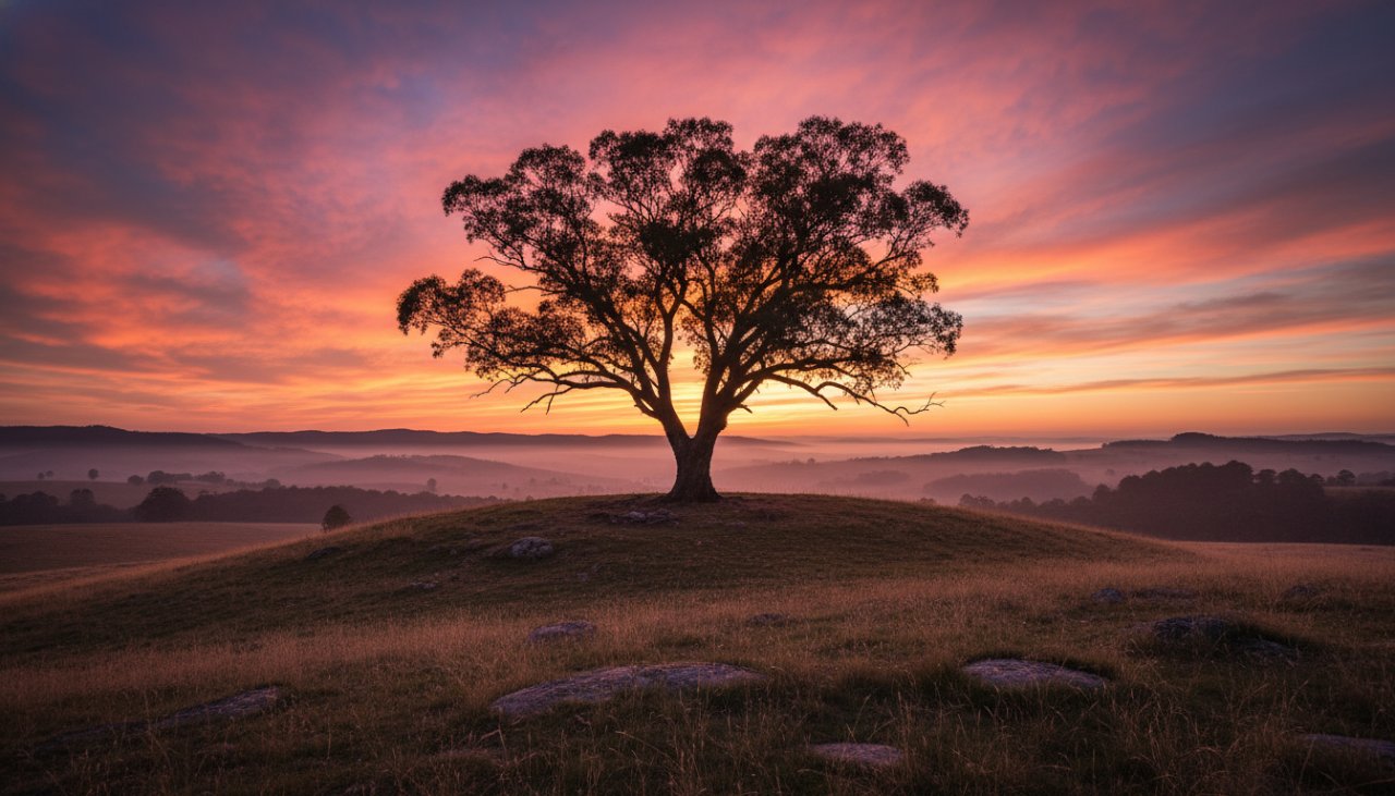 An epic moment capture of a majestic ancient gum tree silhouetted against a dramatic sunset sky over the rolling hills of Healesville, showcasing exquisite Healesville fine art nature photography Yarra Valley.