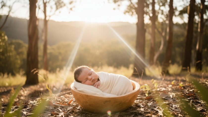 An 'epic moment' style photograph showing a newborn baby peacefully sleeping in a delicate basket adorned with native Australian flowers, set against a softly blurred, golden hour backdrop of the Yarra Ranges near Healesville, perfectly capturing Healesville gentle outdoor newborn photography with ethereal light.