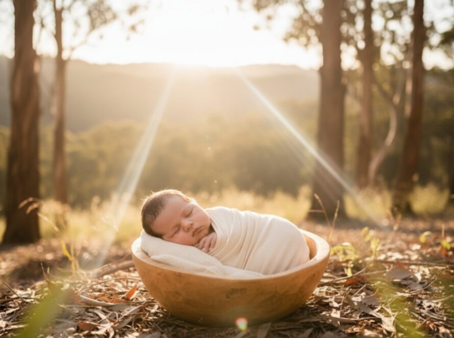 An 'epic moment' style photograph showing a newborn baby peacefully sleeping in a delicate basket adorned with native Australian flowers, set against a softly blurred, golden hour backdrop of the Yarra Ranges near Healesville, perfectly capturing Healesville gentle outdoor newborn photography with ethereal light.