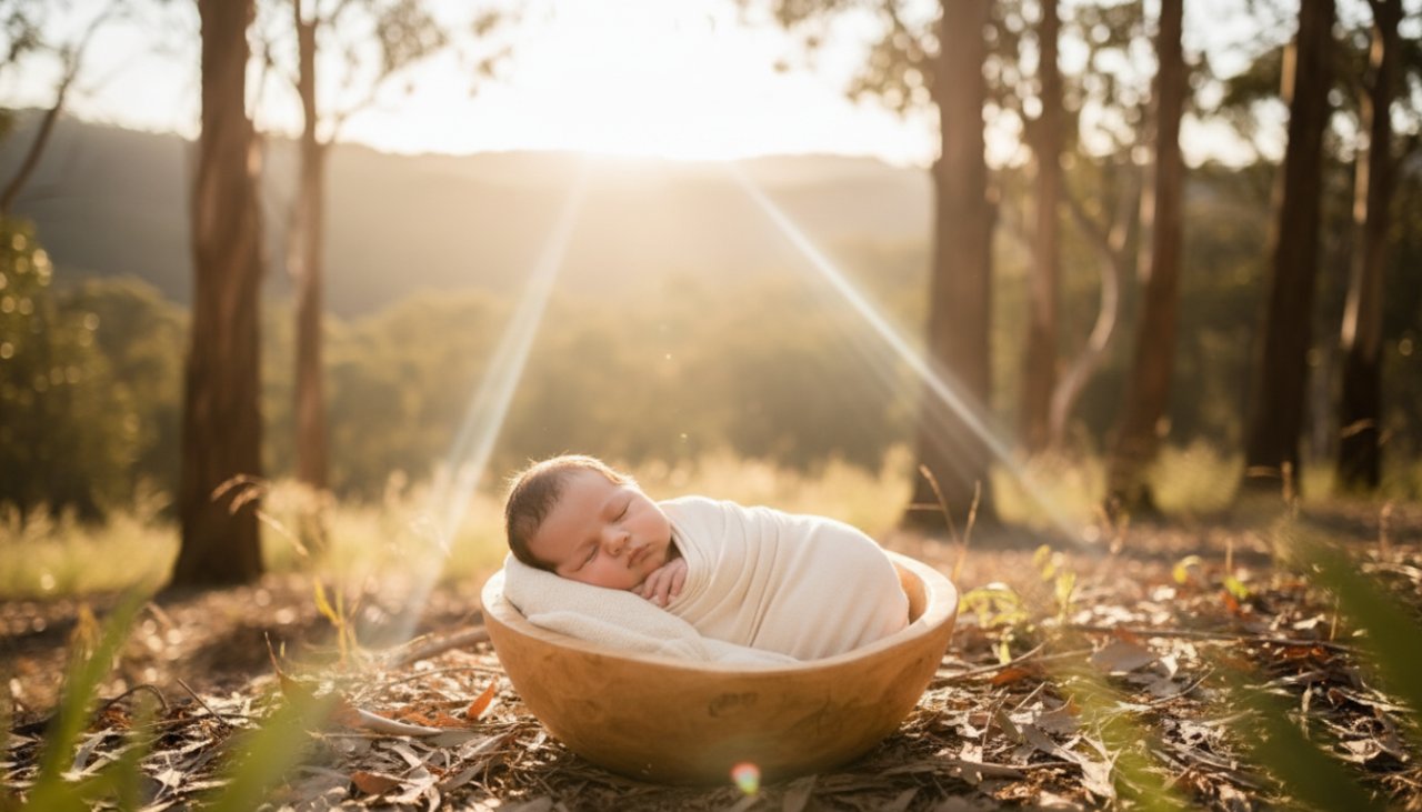 An 'epic moment' style photograph showing a newborn baby peacefully sleeping in a delicate basket adorned with native Australian flowers, set against a softly blurred, golden hour backdrop of the Yarra Ranges near Healesville, perfectly capturing Healesville gentle outdoor newborn photography with ethereal light.