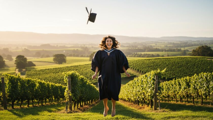 An epic moment captured: A graduating student, wearing a cap and gown, joyfully tossing their cap high against the stunning backdrop of the rolling hills and vineyards of the Yarra Valley near Healesville, bathed in golden hour sunlight, with friends cheering in soft focus behind them. Healesville graduation photography Yarra Valley celebration.