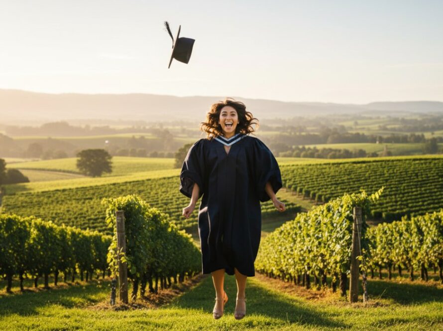An epic moment captured: A graduating student, wearing a cap and gown, joyfully tossing their cap high against the stunning backdrop of the rolling hills and vineyards of the Yarra Valley near Healesville, bathed in golden hour sunlight, with friends cheering in soft focus behind them. Healesville graduation photography Yarra Valley celebration.