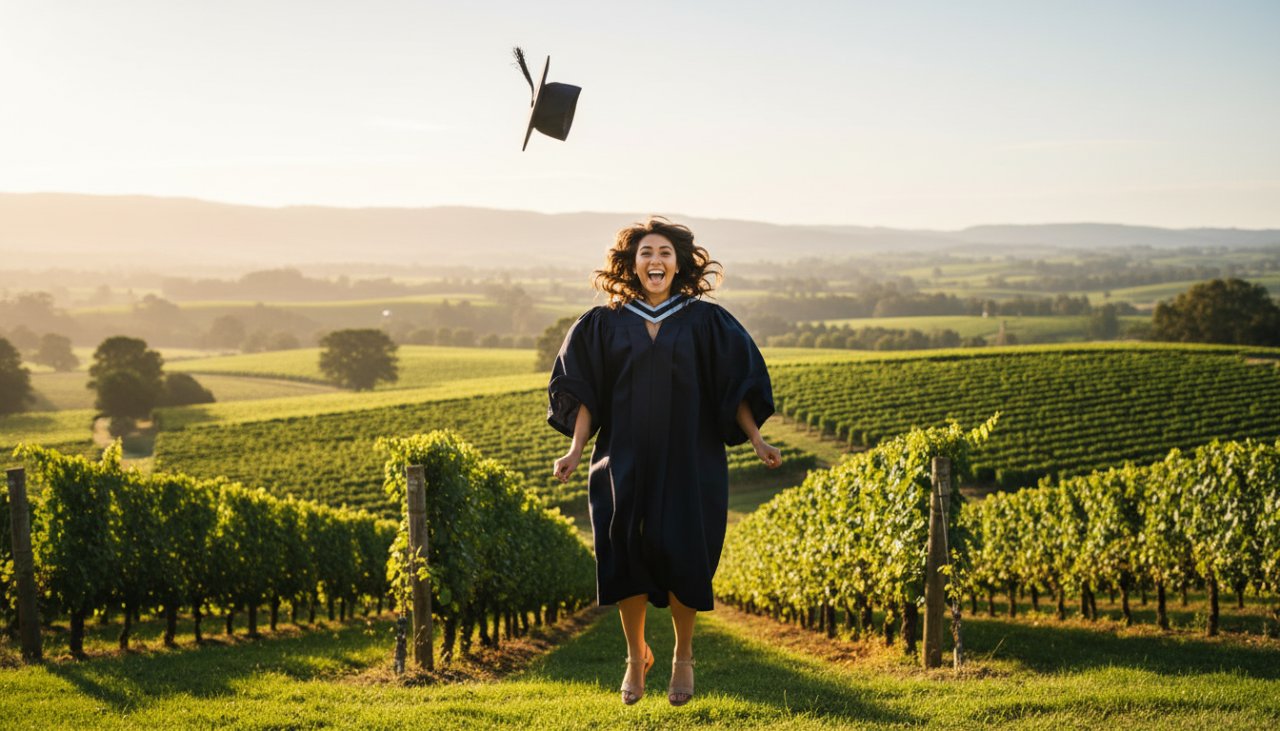 An epic moment captured: A graduating student, wearing a cap and gown, joyfully tossing their cap high against the stunning backdrop of the rolling hills and vineyards of the Yarra Valley near Healesville, bathed in golden hour sunlight, with friends cheering in soft focus behind them. Healesville graduation photography Yarra Valley celebration.