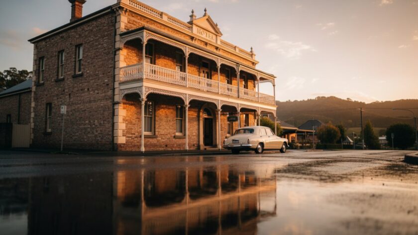 A breathtaking, wide-angle shot of a beautifully preserved historic building in Healesville at dawn, with soft golden light highlighting intricate Victorian details, perfectly captured for Healesville historical architecture photography.