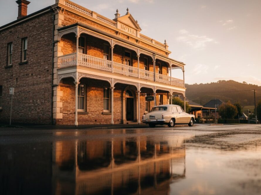 A breathtaking, wide-angle shot of a beautifully preserved historic building in Healesville at dawn, with soft golden light highlighting intricate Victorian details, perfectly captured for Healesville historical architecture photography.