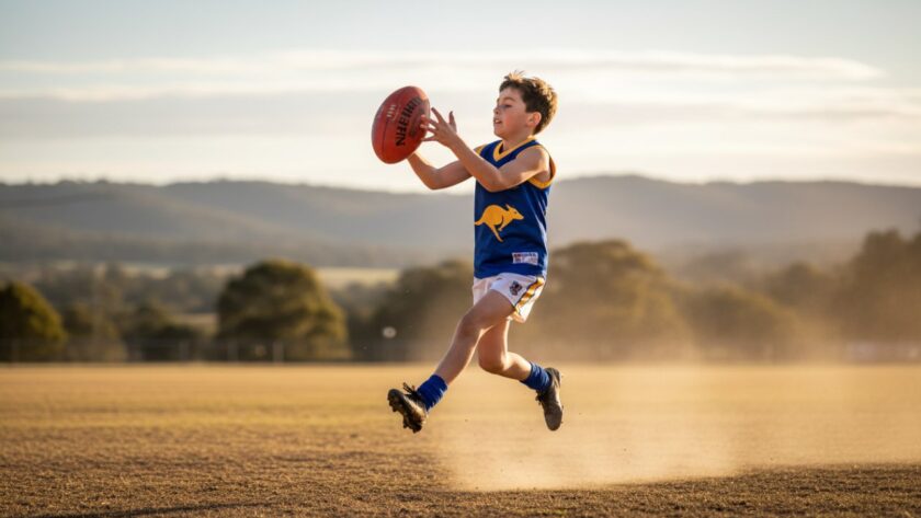 Dynamic close-up of a young football player in mid-air, kicking a ball with intense focus during a Healesville junior football championship action photography session, sun setting over the Dandenong Ranges in the background, capturing an epic moment of athleticism.