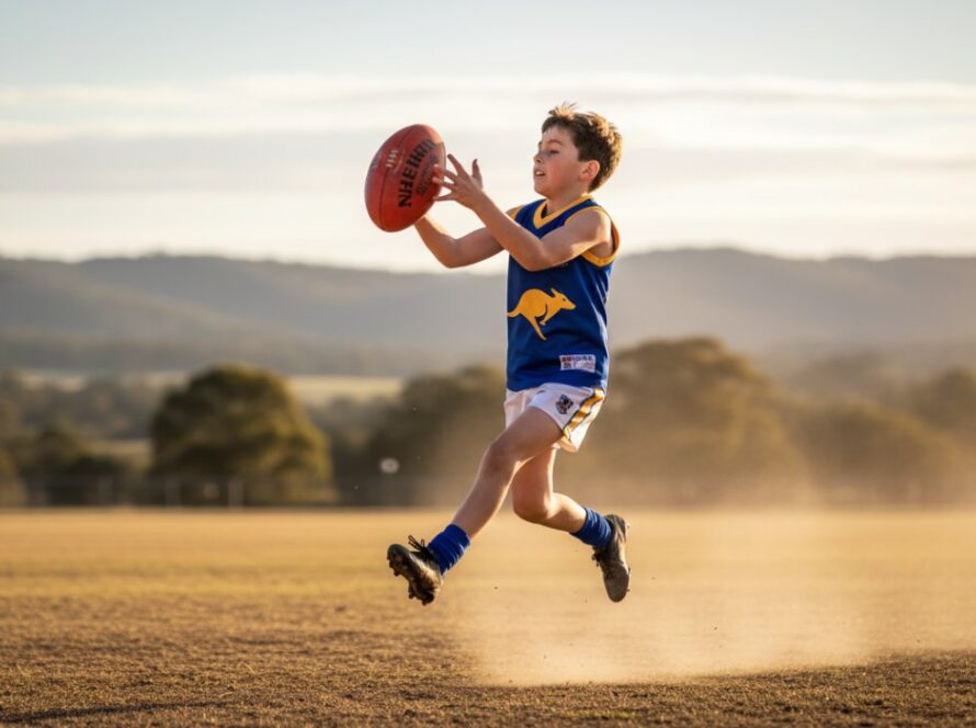 Dynamic close-up of a young football player in mid-air, kicking a ball with intense focus during a Healesville junior football championship action photography session, sun setting over the Dandenong Ranges in the background, capturing an epic moment of athleticism.