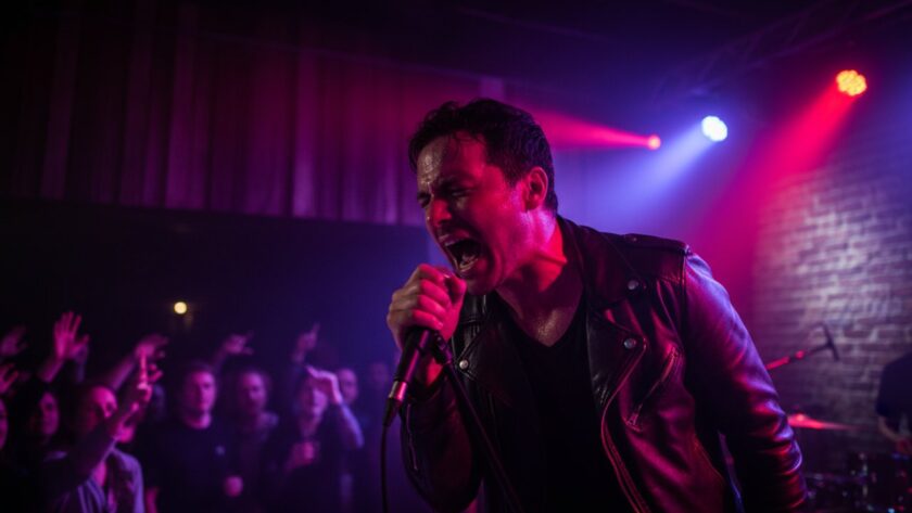 An electrifying, close-up shot capturing a guitarist mid-shred under dramatic stage lights at a lively Healesville live music photography immersive event, showcasing intense energy and a vibrant atmosphere.