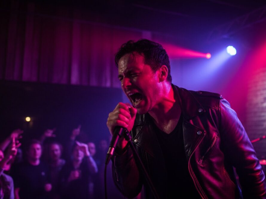 An electrifying, close-up shot capturing a guitarist mid-shred under dramatic stage lights at a lively Healesville live music photography immersive event, showcasing intense energy and a vibrant atmosphere.