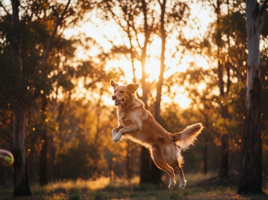 A heartwarming Healesville pet photography capturing joyful bushland memories: a golden retriever mid-leap, joyfully playing fetch with its owner against a vibrant, sun-drenched backdrop of Healesville's iconic gum trees at sunset, with golden light filtering through the leaves, creating a cinematic, emotional portrait.