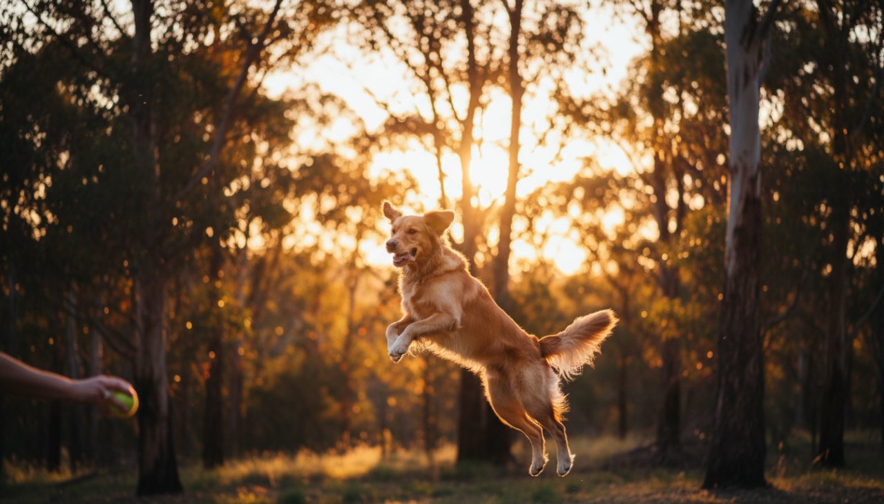 A heartwarming Healesville pet photography capturing joyful bushland memories: a golden retriever mid-leap, joyfully playing fetch with its owner against a vibrant, sun-drenched backdrop of Healesville's iconic gum trees at sunset, with golden light filtering through the leaves, creating a cinematic, emotional portrait.