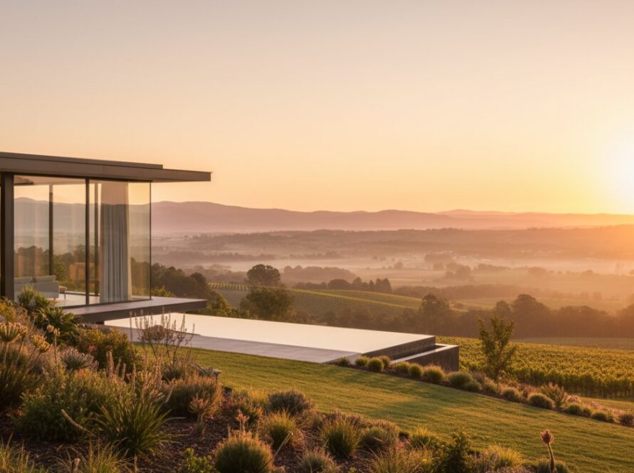 Epic wide-angle shot showcasing a luxurious, modern Healesville rural property at sunset, nestled among rolling hills of the Yarra Valley, with golden hour light illuminating its contemporary design and expansive vineyards. This stunning visual demonstrates top-tier Healesville property photography for captivating rural listings, highlighting architectural beauty and scenic surrounds.