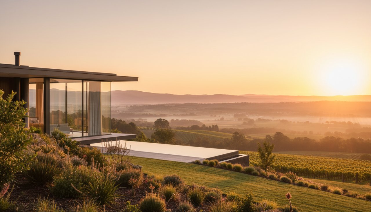 Epic wide-angle shot showcasing a luxurious, modern Healesville rural property at sunset, nestled among rolling hills of the Yarra Valley, with golden hour light illuminating its contemporary design and expansive vineyards. This stunning visual demonstrates top-tier Healesville property photography for captivating rural listings, highlighting architectural beauty and scenic surrounds.
