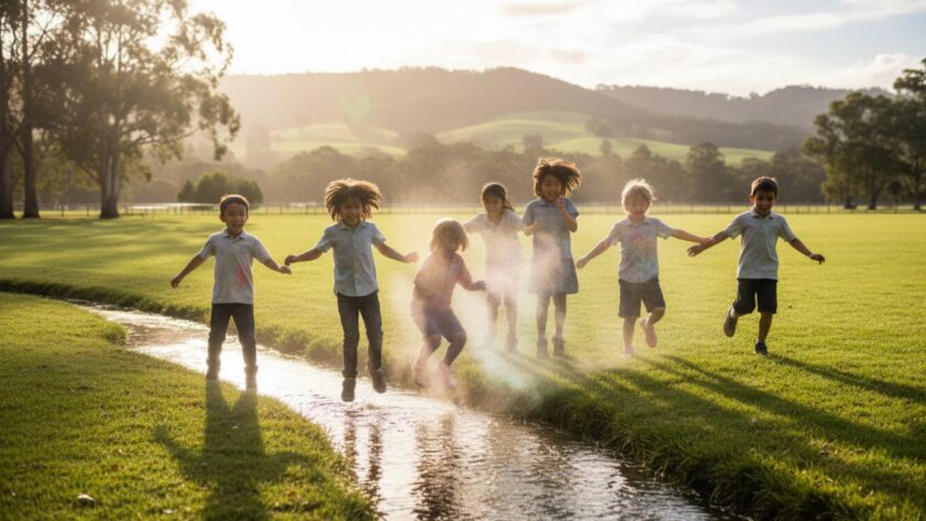 A wide-angle, vibrant photograph capturing joyful Healesville school photography candid moments of children playing freely in a sun-drenched playground, showcasing genuine laughter and movement, with the Yarra Valley hills in the soft background.