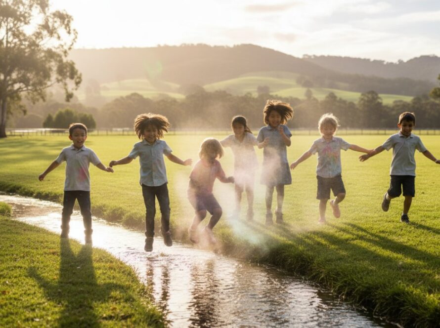 A wide-angle, vibrant photograph capturing joyful Healesville school photography candid moments of children playing freely in a sun-drenched playground, showcasing genuine laughter and movement, with the Yarra Valley hills in the soft background.