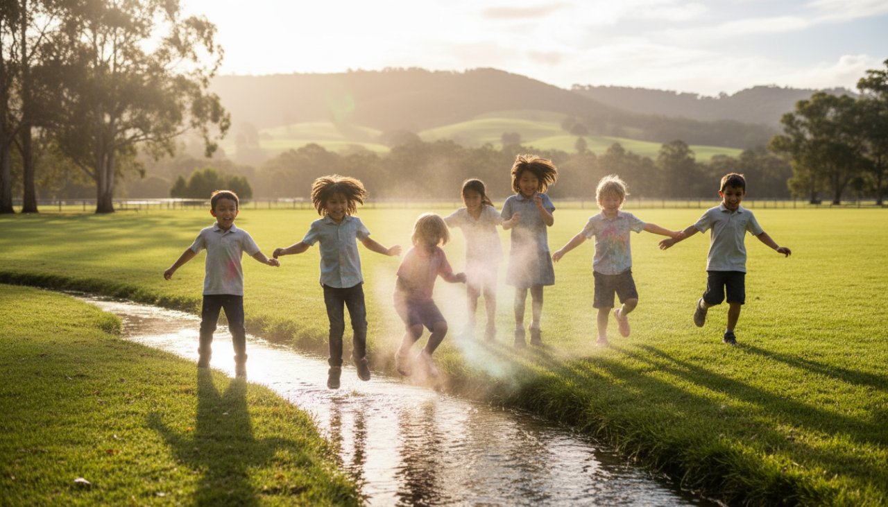A wide-angle, vibrant photograph capturing joyful Healesville school photography candid moments of children playing freely in a sun-drenched playground, showcasing genuine laughter and movement, with the Yarra Valley hills in the soft background.