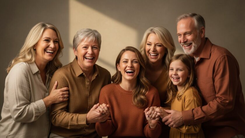 A heartwarming, beautifully lit studio portrait of a multigenerational family, radiating joy and connection, captured through Healesville studio photography for timeless family portraits, set against a soft, elegant backdrop.