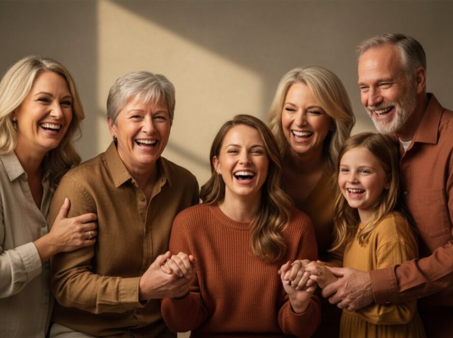 A heartwarming, beautifully lit studio portrait of a multigenerational family, radiating joy and connection, captured through Healesville studio photography for timeless family portraits, set against a soft, elegant backdrop.
