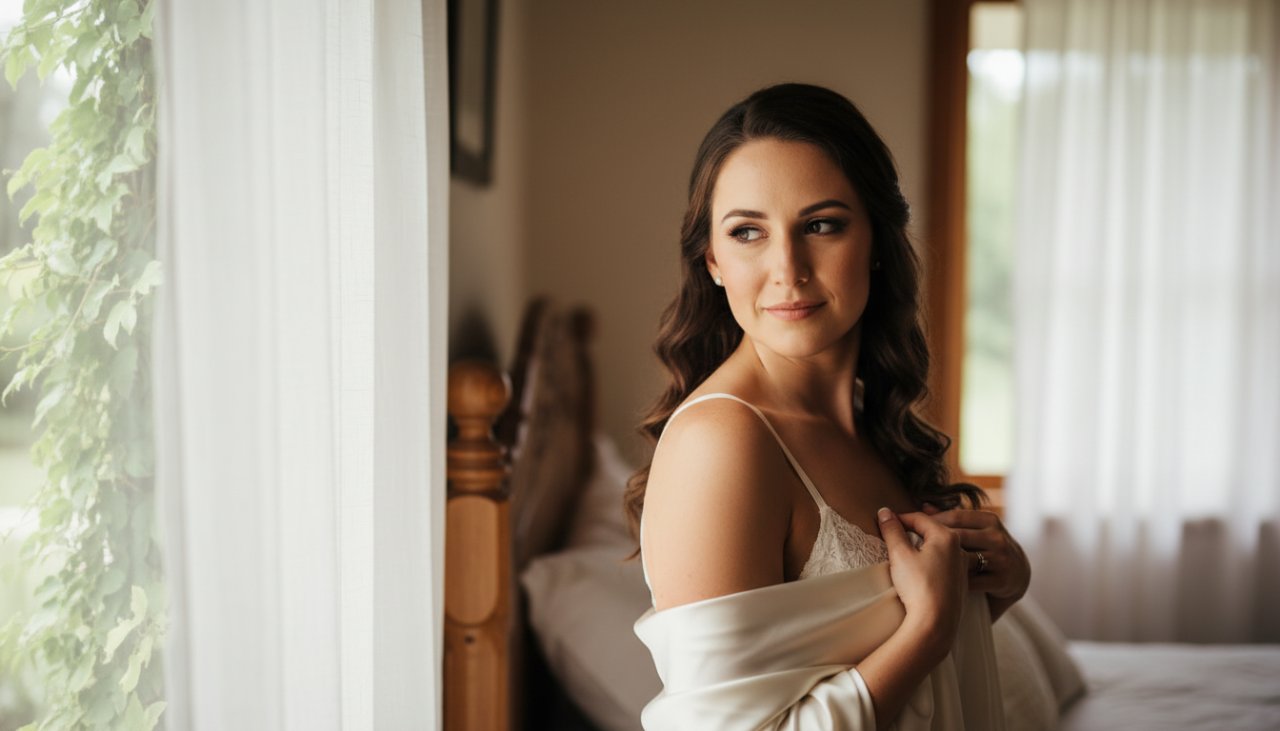 An intimate, epic moment captured during a Healesville Victoria Empowering Boudoir Photography Experience, featuring a woman softly illuminated by natural light, exuding confidence and grace against a backdrop hinting at Healesville's natural beauty.