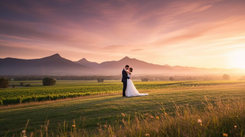 A dramatic wide-angle shot featuring a newlywed couple silhouetted against a vibrant sunset over the rolling hills of the Yarra Valley, showcasing 'Healesville wedding photography scenic Yarra Valley captures' in an epic, romantic moment.