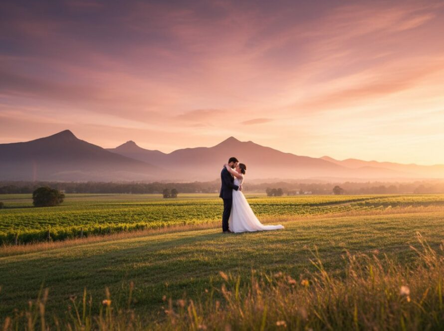 A dramatic wide-angle shot featuring a newlywed couple silhouetted against a vibrant sunset over the rolling hills of the Yarra Valley, showcasing 'Healesville wedding photography scenic Yarra Valley captures' in an epic, romantic moment.